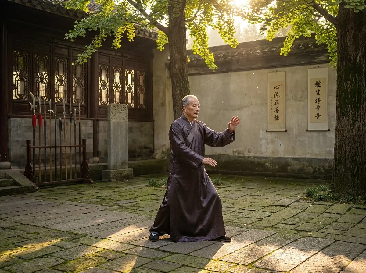 武术大师在传统庭院中练习太极
